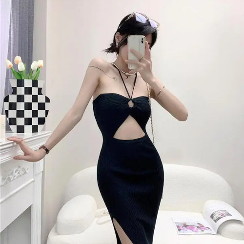 Load image into Gallery viewer, Women's Solid Elegant Sexy Club Slim Hollow Out Halter Lace-up Split Long Dress Summer Vacation Backless Knitted Party Dress
