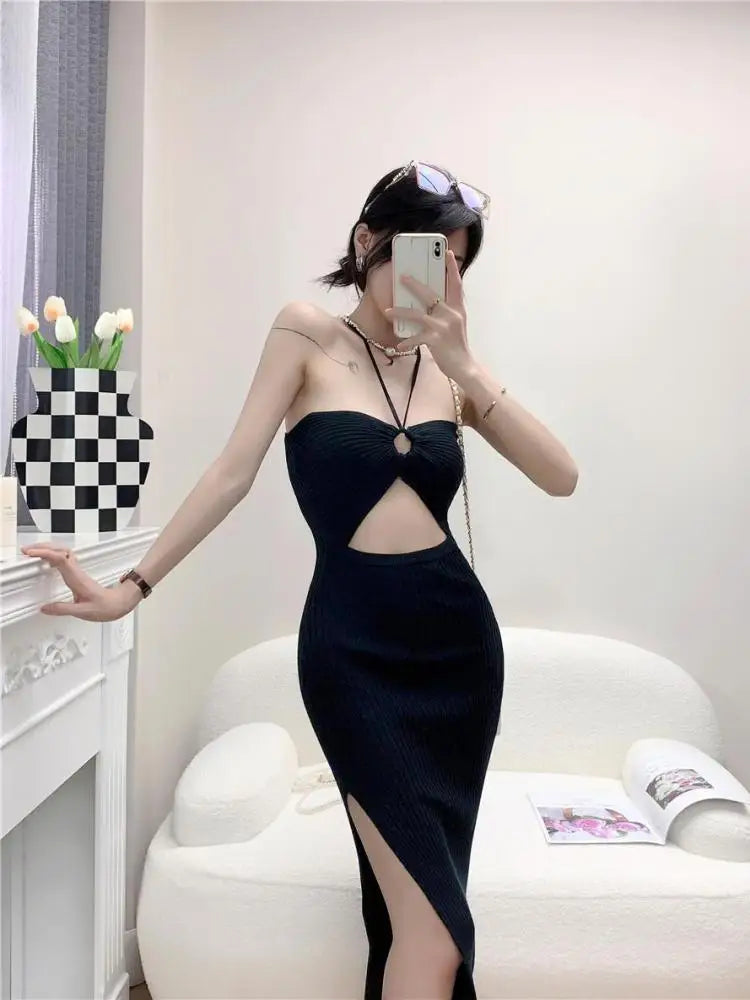 Women's Solid Elegant Sexy Club Slim Hollow Out Halter Lace-up Split Long Dress Summer Vacation Backless Knitted Party Dress