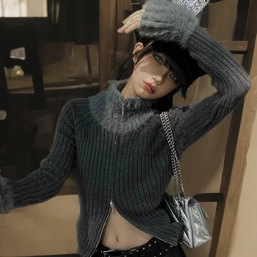 Y2k Aesthetic Patchwork Fur Slim Fit Cardigan Turtleneck Streetwear Grey Crop Tops Double Zippers Autumn Grunge Vintage Sweater