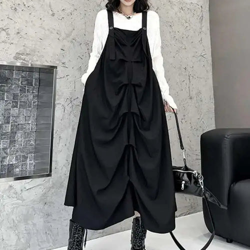 Load image into Gallery viewer, Women Black Pleated Irregular Big Size Strap Dress New Square Collar Sleeveless Fashion Tide Spring Autumn 2025 1DH6829
