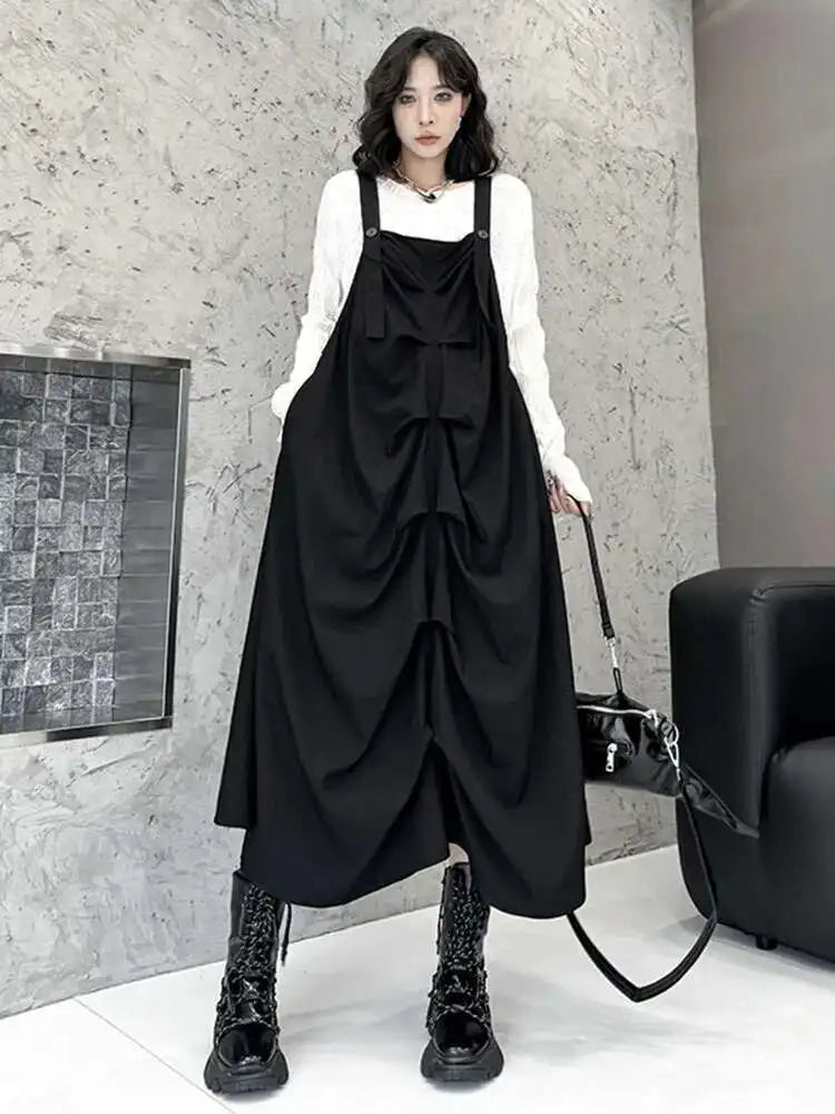 Women Black Pleated Irregular Big Size Strap Dress New Square Collar Sleeveless Fashion Tide Spring Autumn 2025 1DH6829