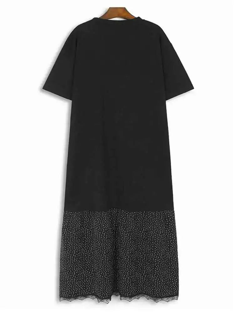 Women Gray Color-block Dot Big Size Long Elegant Dress New Round Neck Short Sleeve Fashion Spring Summer 2025  1DH6007