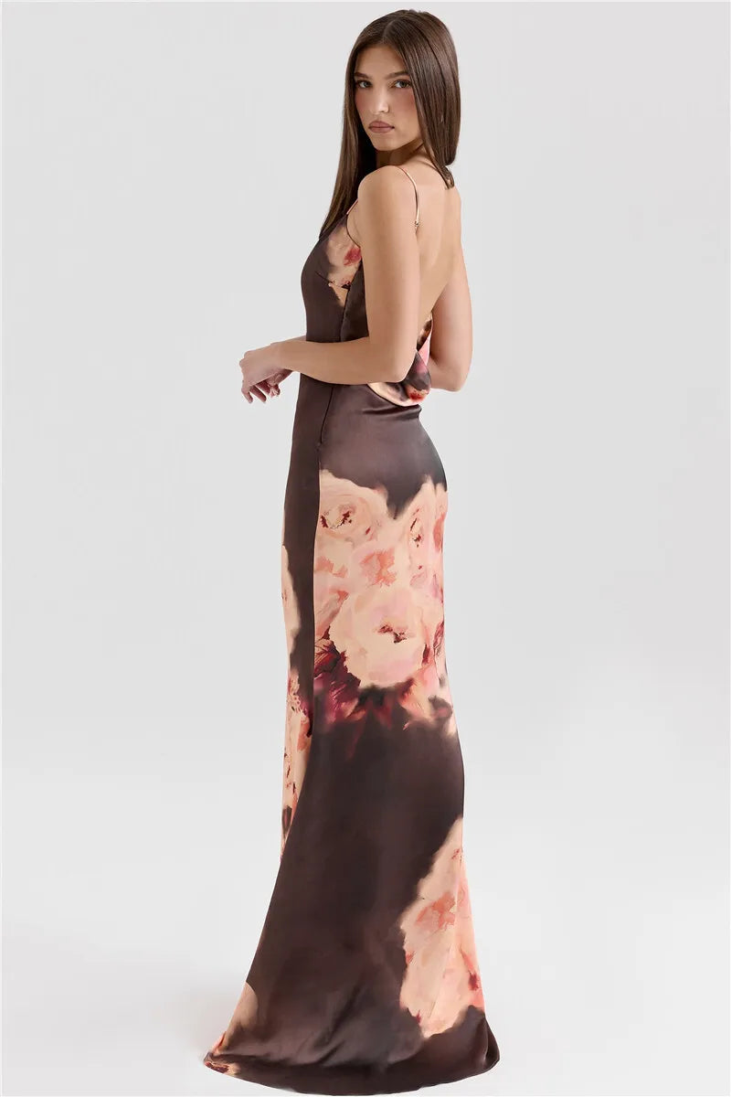 Satin Floral Print Sexy Maxi Dress Women Gown Elegant Spaghetti Strap Sleeveless Backless Bodycon Evening Club Dress