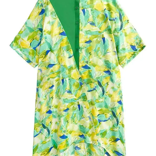 Load image into Gallery viewer, Women Blue Printed Big Size Midi Floral Dress New Stand Collar Short Sleeve Loose Fit Fashion Spring Summer 2025 1DF9379
