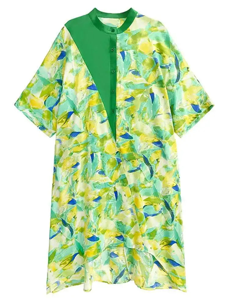 Women Blue Printed Big Size Midi Floral Dress New Stand Collar Short Sleeve Loose Fit Fashion Spring Summer 2025 1DF9379