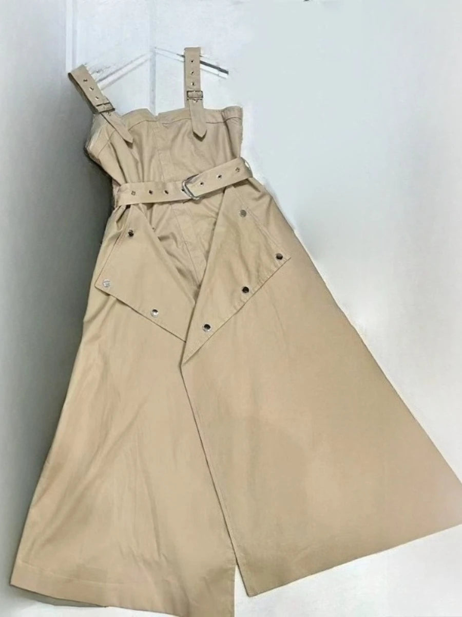 Slimming Spliced Lace Up Fashion Dresses for Women Square Neck Sleeveless Design Sense Dress Female Clothing New