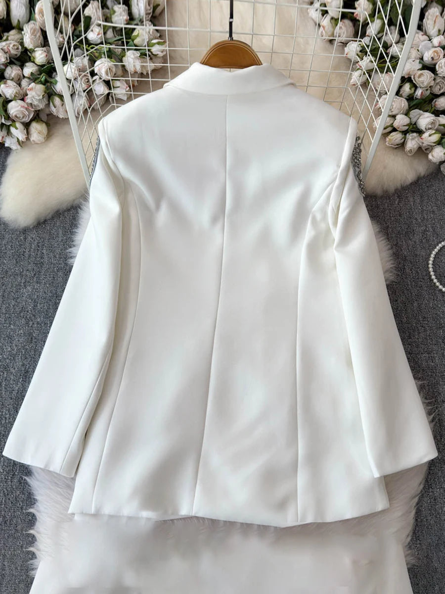 Solid Patchwork Button Slimming Blazer For Women Notched Collar Long Sleeve Spliced Diamonds Elegant Coat Female