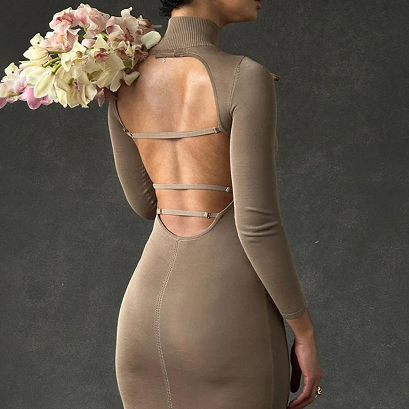Turtleneck Backless Bodycon Midi Dress For Women New Autumn Winter Long Sleeve Club Party Sexy Long Dress Vestidos