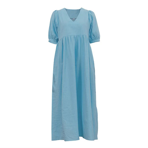 Load image into Gallery viewer, Short Puff Sleeve Maxi Dress For Women Fashion Autumn New Blue V Neck Loose Basic Casual Long Dress Elegant Gown
