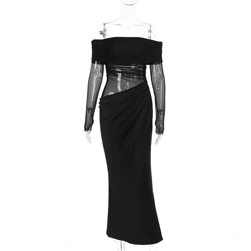 Load image into Gallery viewer, Off-shoulder Mesh See Through Sexy Maxi Dress For Women Elegant Strapless Long Sleeve Backless Bodycon Club Party Dress
