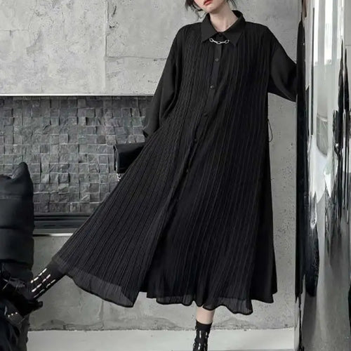 Load image into Gallery viewer, Women Black Brief Pleated Elegant Big Size Midi Shirt Dress New Lapel Long Sleeve Fashion Tide Spring Autumn 2025 1DJ0072
