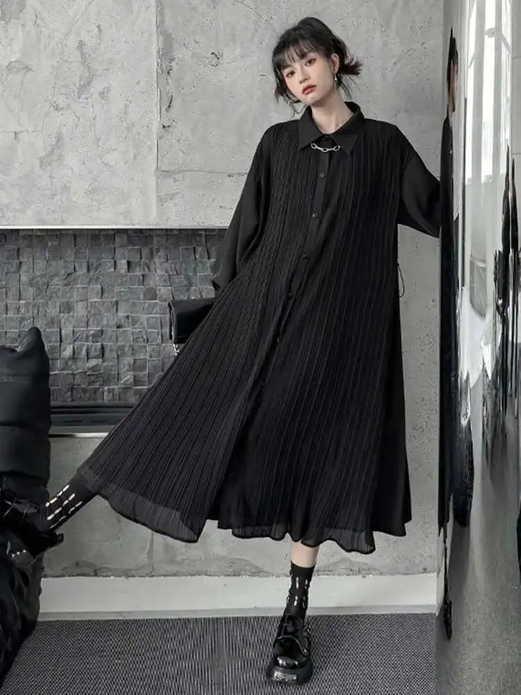 Women Black Brief Pleated Elegant Big Size Midi Shirt Dress New Lapel Long Sleeve Fashion Tide Spring Autumn 2025 1DJ0072