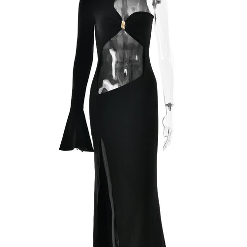 Load image into Gallery viewer, One Sleeve Turtleneck Sexy Maxi Dress Women Elegant Hollow Out Side High Split Bodycon Package Hip Party Dresses Vestidos
