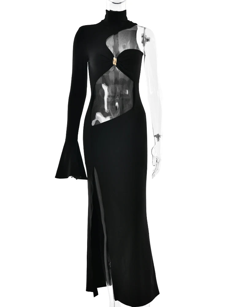 One Sleeve Turtleneck Sexy Maxi Dress Women Elegant Hollow Out Side High Split Bodycon Package Hip Party Dresses Vestidos