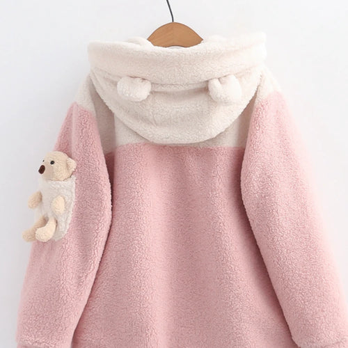 Load image into Gallery viewer, Women Wool &amp; Blends Hooded Coats Jackets Sweet Style Cartoon Bear Appliques Harajuku Outerwear Winter Pockets Cute Tops
