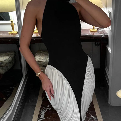 Load image into Gallery viewer, Patchwork Halter Backless Sexy Midi Dress Women Gown Elegant Fashion Contrast Color Sleeveless Pleated Long Dress
