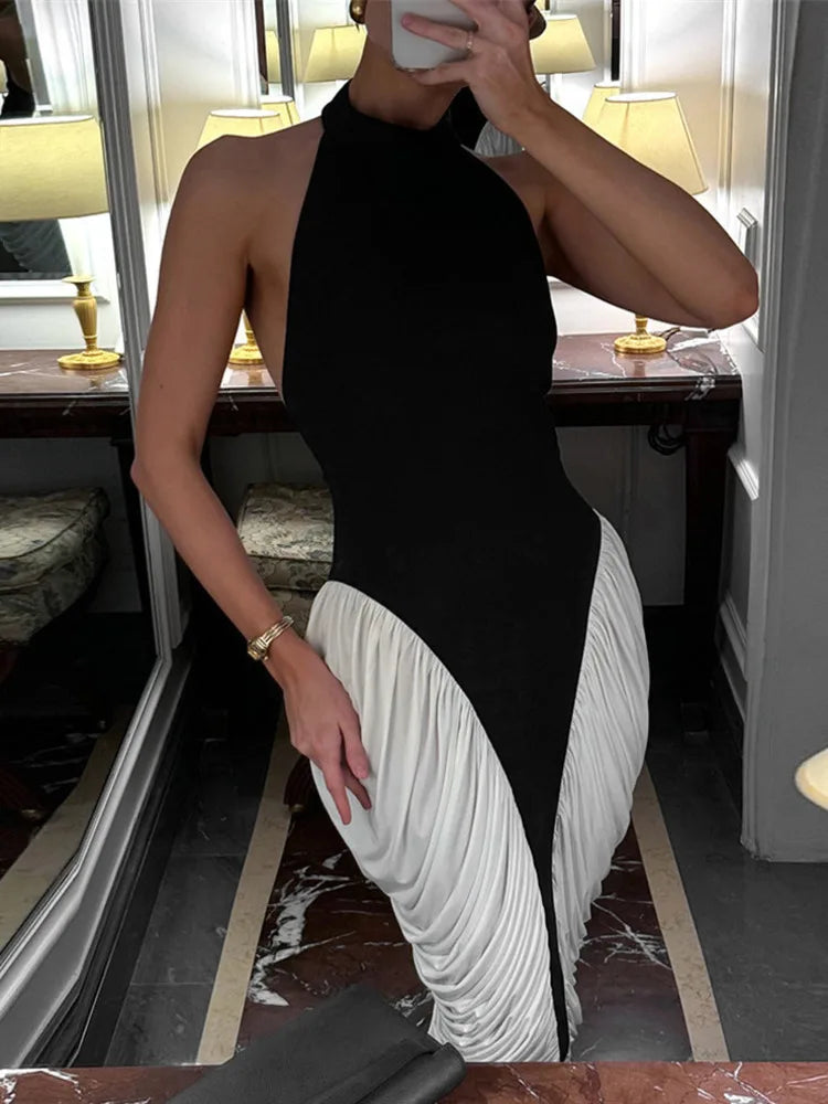 Patchwork Halter Backless Sexy Midi Dress Women Gown Elegant Fashion Contrast Color Sleeveless Pleated Long Dress