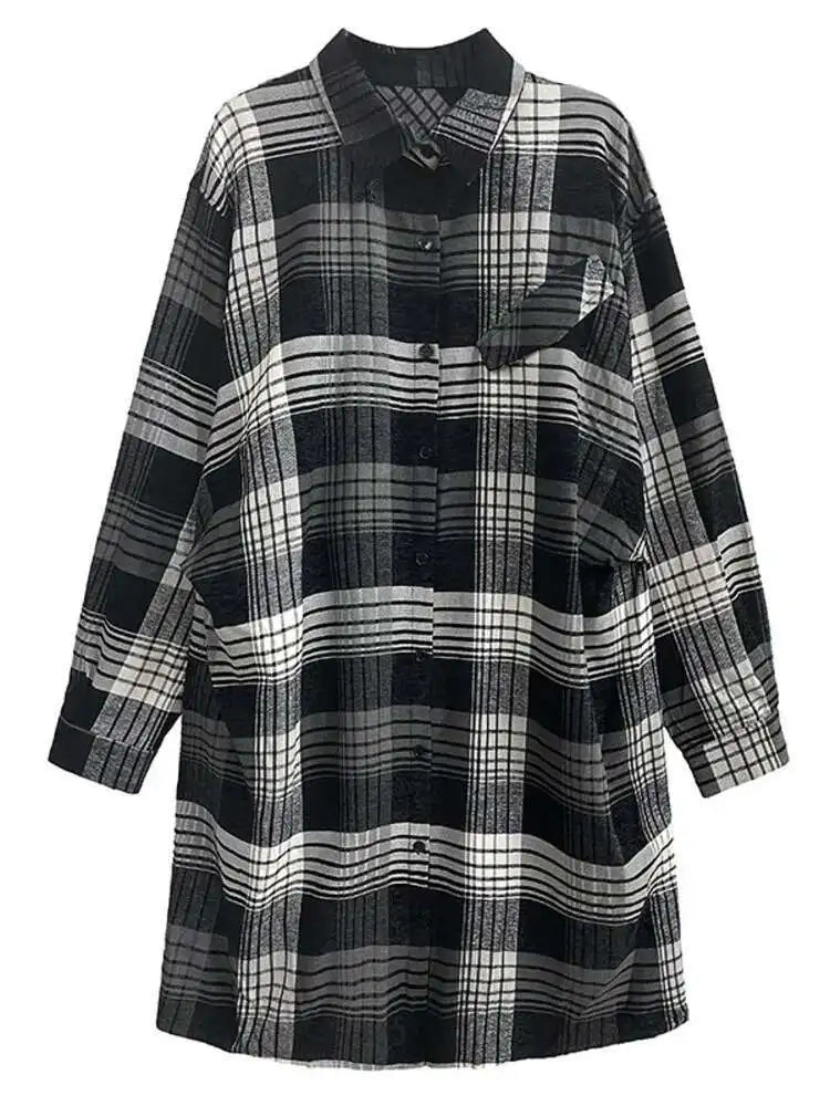 Women Plaid Big Size Knee-Length Shirt Dress New Lapel Long Sleeve A-line Loose Fit Fashion Spring Autumn 2025 1DH2091