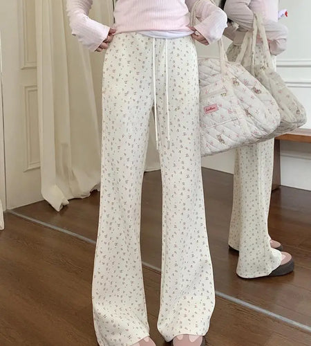Korean 2024 Autumn Winter New Women's Beige Print Drawstring Lace-up Wide Leg Pant Casual Loose Elegant High Waist Trousers Chic