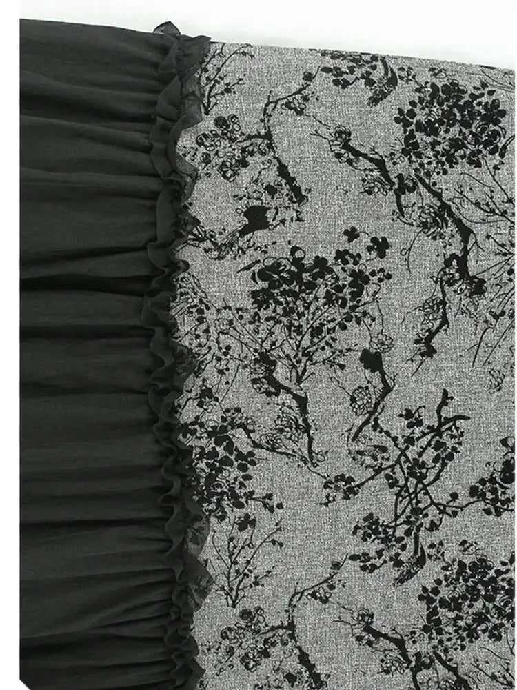 Women Gray Printed Vintage Hem Pleated Big Size Vest Dress New Round Neck Sleeveless Fashion Spring Autumn 2025 1DH9454