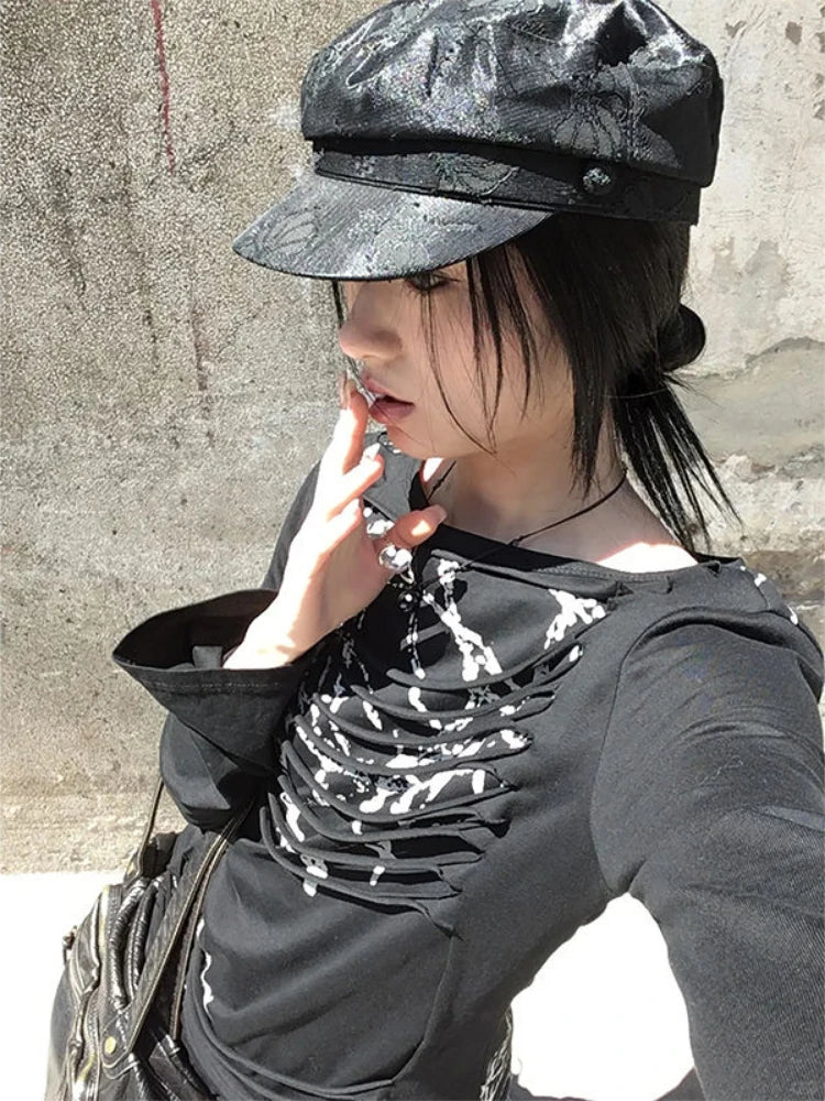 Y2k Aesthetic Vintage Slim Fit T-Shirt Women Streetwear Printing Hip Hop Goth Tops Harajuku Vintage Hollow Out Grunge Tees 2025