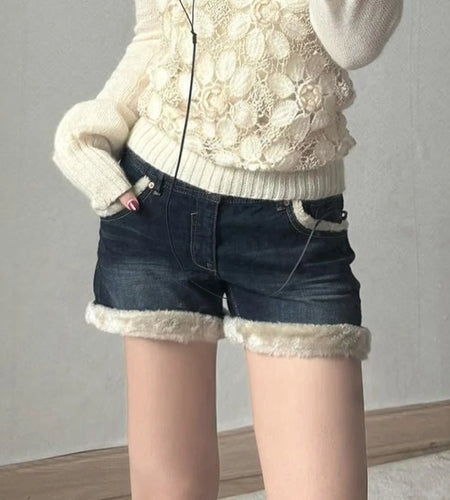 Faux Fur Trim Patchwork Denim Shorts Y2K Aesthetics Hotsweet Winter Pocket Button Cute Short Pants Korean Bottoms New