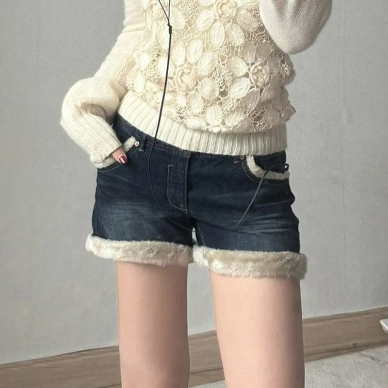Faux Fur Trim Patchwork Denim Shorts Y2K Aesthetics Hotsweet Winter Pocket Button Cute Short Pants Korean Bottoms New