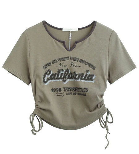 Drawstring Y2k T Shirt Women Letter Crop Top Americal Retro Short Sleeve Tees Korean Graphic Slim Summer Tshirts 2000s Clothes