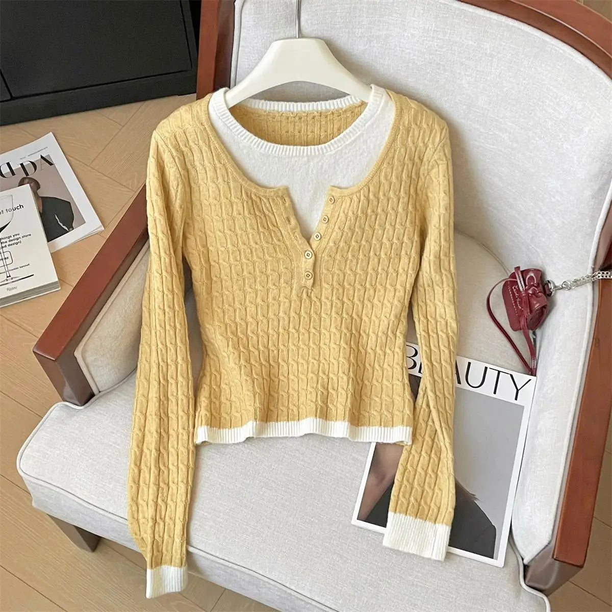Korean Autumn Winter Patchwork Elegant Button Pullover Short Sweater Women's 2024 New Long Sleeved Knitted Tops Versatile Casual