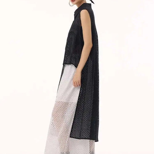 Load image into Gallery viewer, Women White Hollow Out Big Size Long Elegant Shirt Dress New Lapel Sleeveless Fashion Tide Spring Autumn 2025 1DH9424
