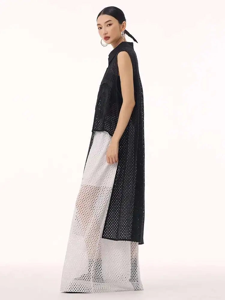 Women White Hollow Out Big Size Long Elegant Shirt Dress New Lapel Sleeveless Fashion Tide Spring Autumn 2025 1DH9424