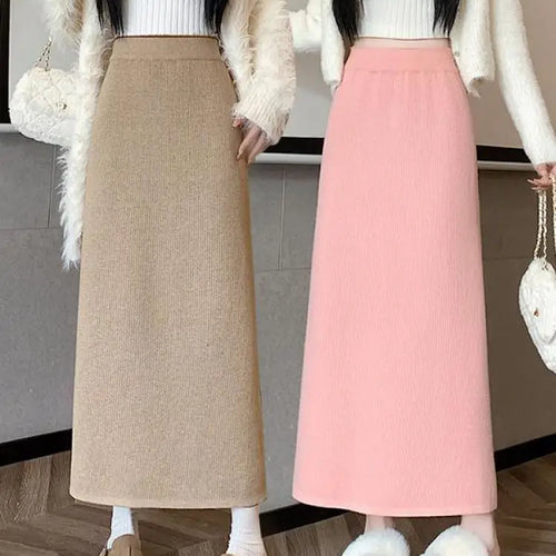 Load image into Gallery viewer, Korean Fashion Solid Velvet Elegant High Waist Festival Long Skirt Autumn Winter Women Slim Straight Knitted Half Skirt 2024 New
