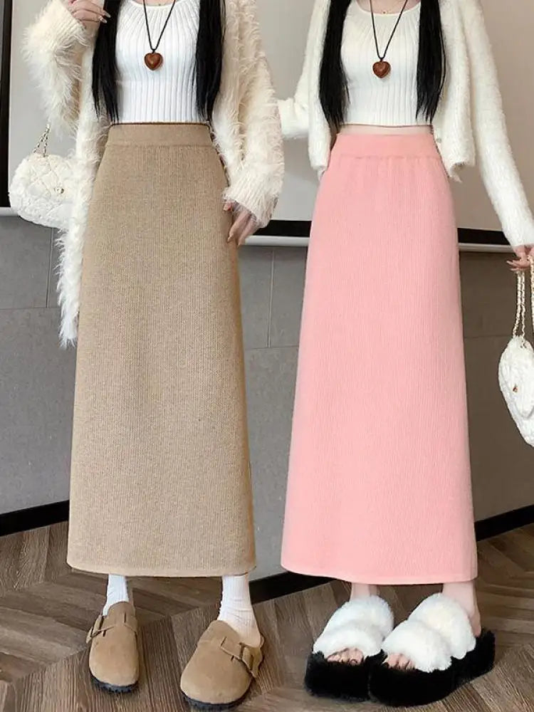 Korean Fashion Solid Velvet Elegant High Waist Festival Long Skirt Autumn Winter Women Slim Straight Knitted Half Skirt 2024 New