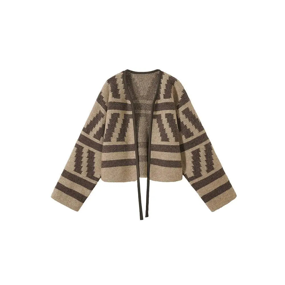 Vintage Women Black Brown Patchwork Short Knitted Lace-up Cardigan Loose Sweater 2024 Autumn Winter V Neck Long Sleeve Tops Chic