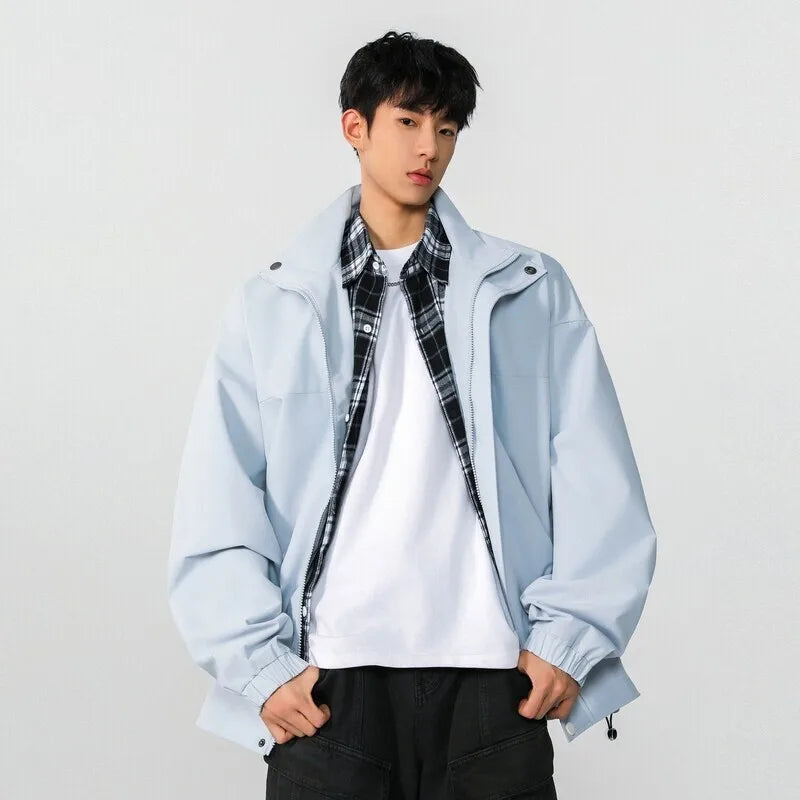 High Street Male Jacket Spring New Fake Two Pieces Lapel Plaid Design American Style Jackets Solid Color Men's Coats 9W1236