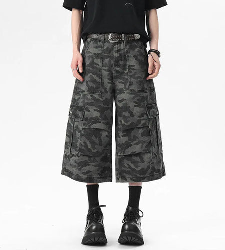 Men's Denim Shorts New Summer Camouflage Printing Waistband Buckle Cargo Design Pleated Seven Quarter Short Jeans 9W1540