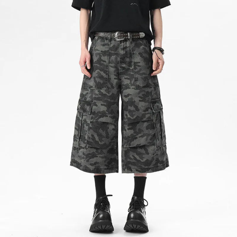 Men's Denim Shorts New Summer Camouflage Printing Waistband Buckle Cargo Design Pleated Seven Quarter Short Jeans 9W1540