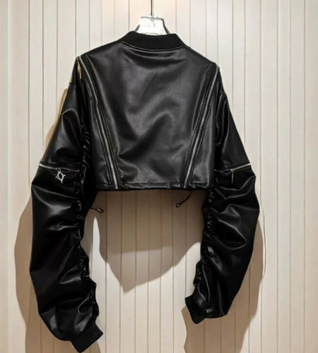 2025 Y2k Aesthetic PU Leather Jacket Womens Streetwear Pleated Grunge Solid Jackets Loose Harajuku Zipper Female Punk Crop Coat