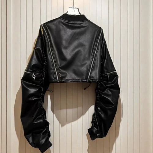 Load image into Gallery viewer, 2025 Y2k Aesthetic PU Leather Jacket Womens Streetwear Pleated Grunge Solid Jackets Loose Harajuku Zipper Female Punk Crop Coat
