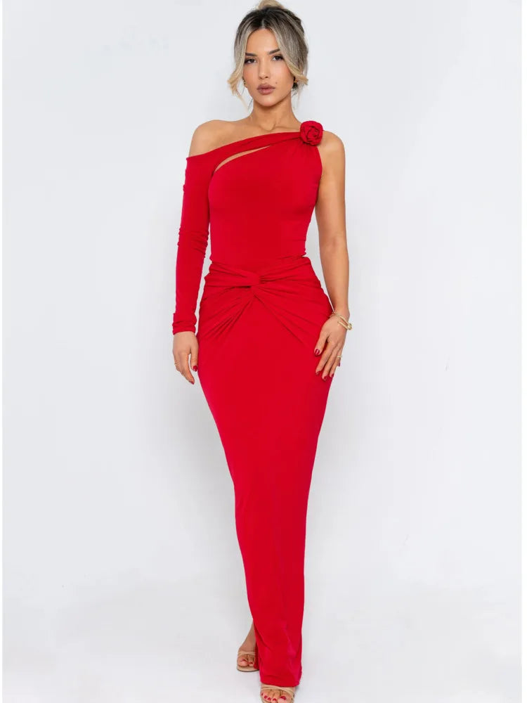 Elegant Single Sleeve Irregular Hollow Out Bodycon Party Club Evening Dress Women Sexy Fold Spring/Summer New Vestido