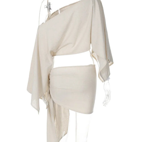 Load image into Gallery viewer, Sexy Skirt Two Piece Sets Women Skew Collar Cape Sleeve Crop Tops And Hot Skirt Matching Sets Sexy Beach Two Piece Set
