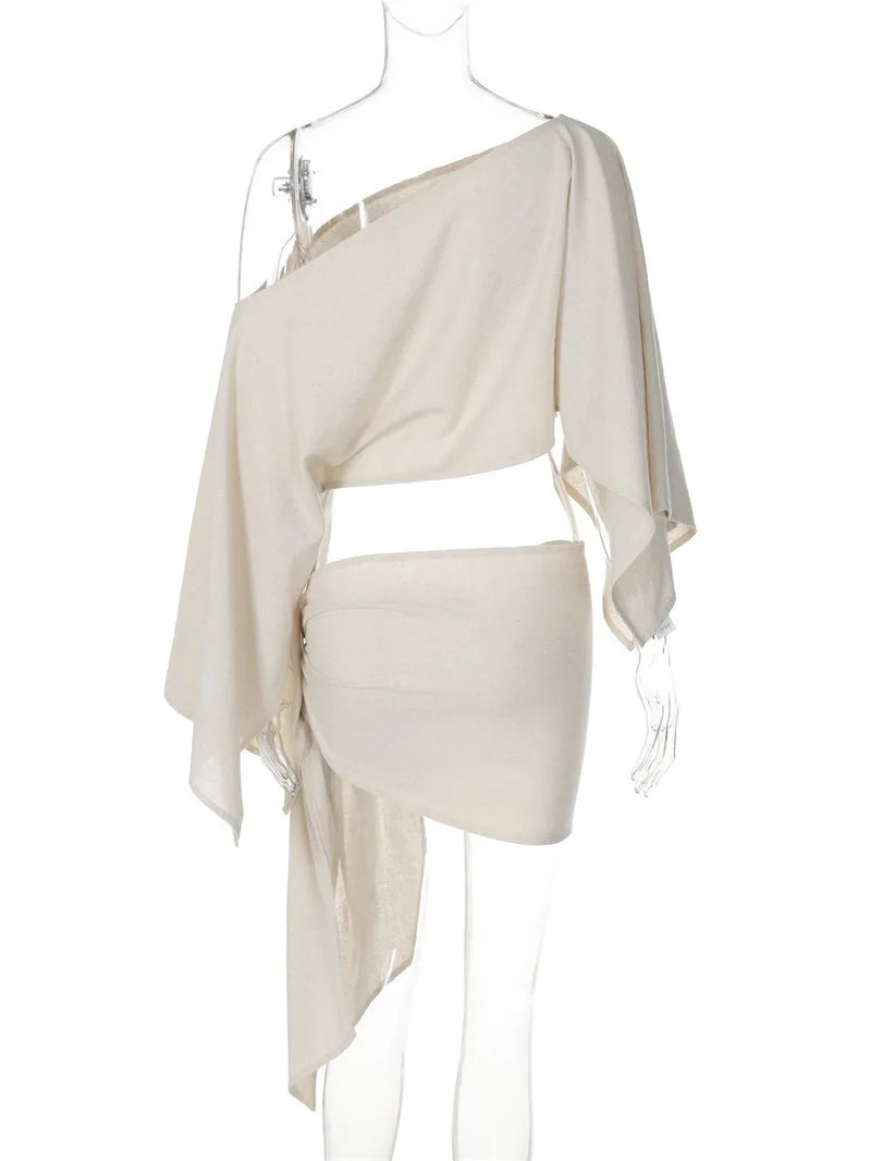 Sexy Skirt Two Piece Sets Women Skew Collar Cape Sleeve Crop Tops And Hot Skirt Matching Sets Sexy Beach Two Piece Set