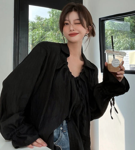 Y2k Aesthetic Women Solid Pleated Blouse Loose Grunge Single Breasted Bandage Shirt Harajuku Streetwear Casual Vintage Blusas