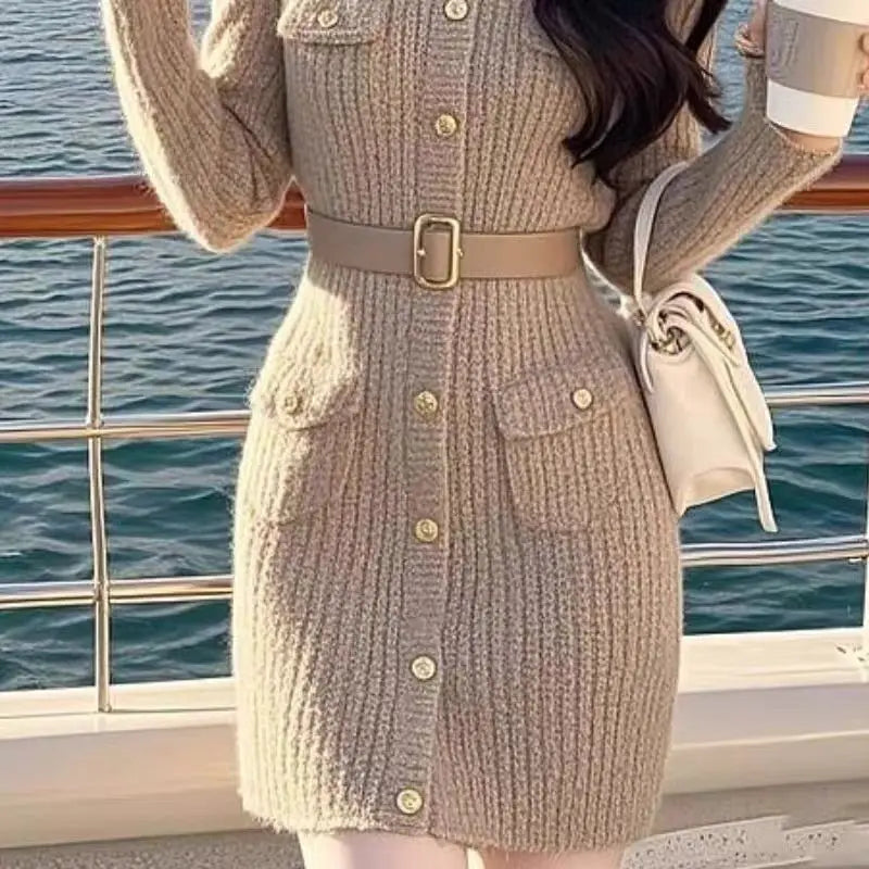 French Women Khaki Single Breasted Long Sleeved Mini Dress Autumn Winter New Round Neck Slim Festival Knitted A-line Short Dress