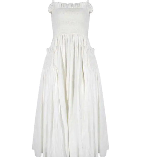 Women White Sling Backless Pleated Shrink Waist Slim Vintage Dress New Square Collar Fashion Spring Autumn 2025 JF54801