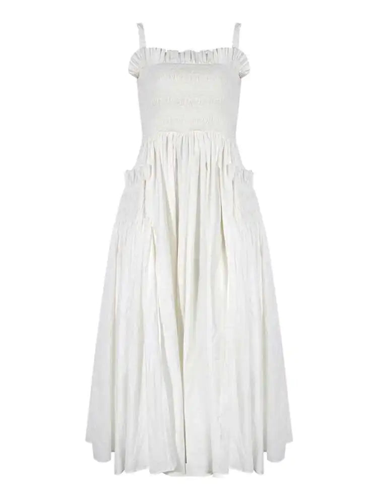 Women White Sling Backless Pleated Shrink Waist Slim Vintage Dress New Square Collar Fashion Spring Autumn 2025 JF54801