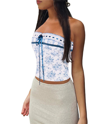 Strapless Tube Tops y2k Aesthetic Women Lace Patchwork Off Shoulder Sleeveless Vest Fairy Grunge Clothes Streetwear