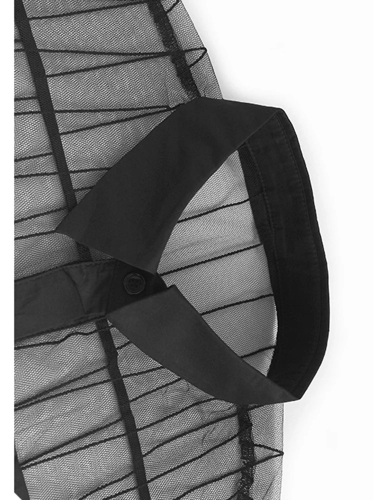 Women Black Mesh Perspective Midi Elegant Shirt Dress New Lapel Short Sleeve Fashion Tide Spring Summer 2025 1DJ0866