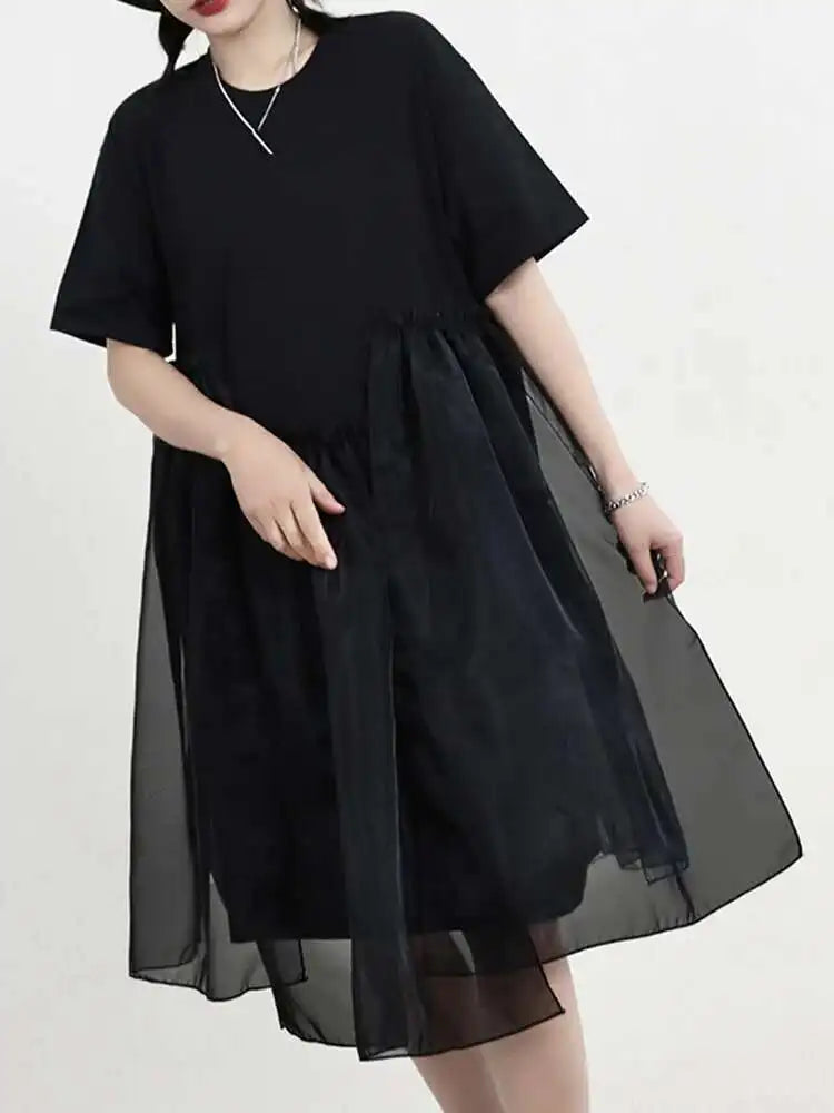 Women Black Organza Big Size Casual Dress New Round Neck Short Sleeve Loose Fit Fashion Tide Spring Summer 2025 1DF5074