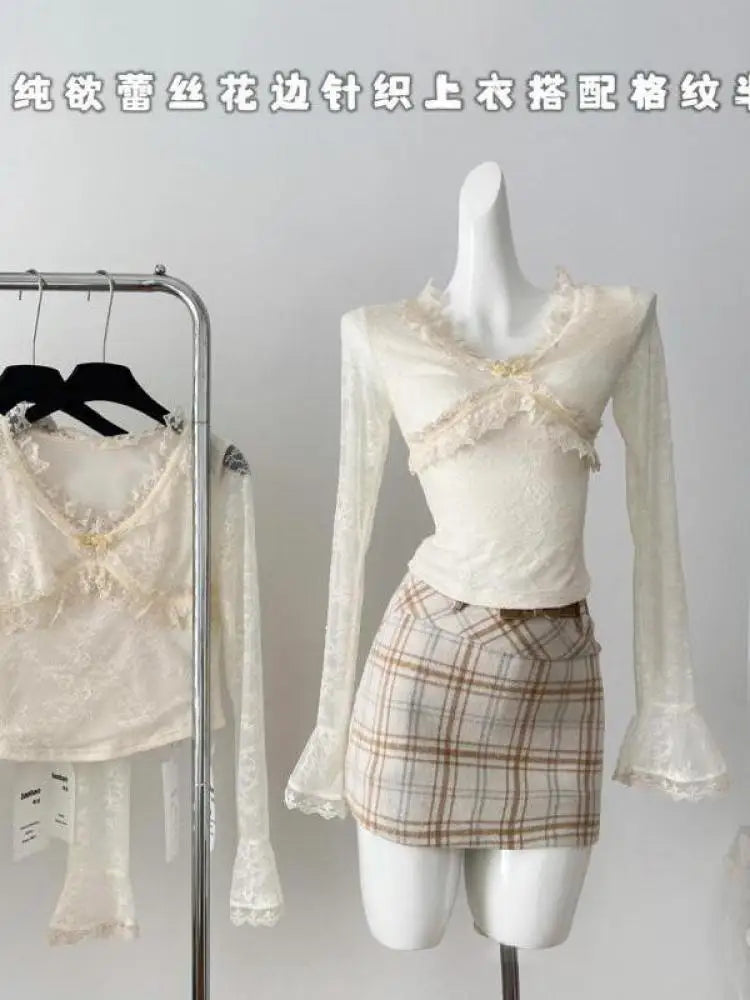 Autumn Winter Vintage Beige Plaid Wrap Hip Mini Skirt Korean Women High Waist Sexy Club A-line Short Skirt Ladies Fashion Casual